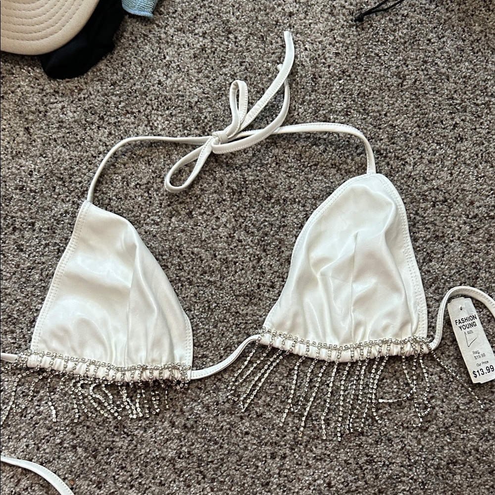 White Bikini Top with Bedazzled Fringe